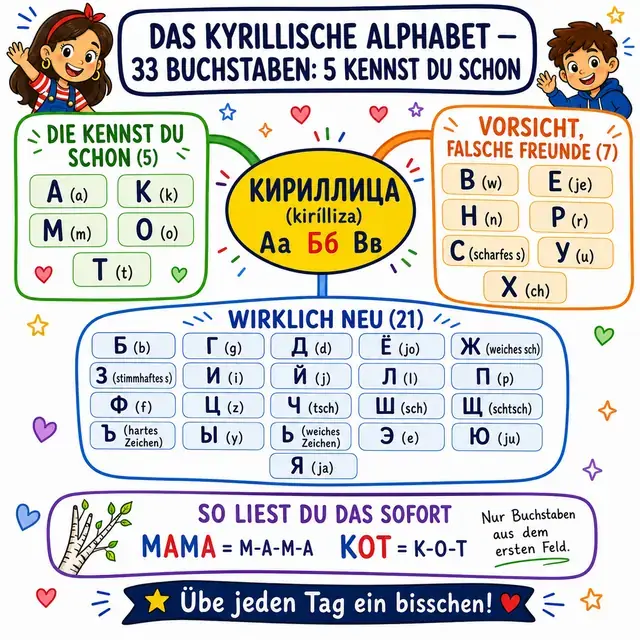 Mindmap: das kyrillische Alphabet, 33 Buchstaben